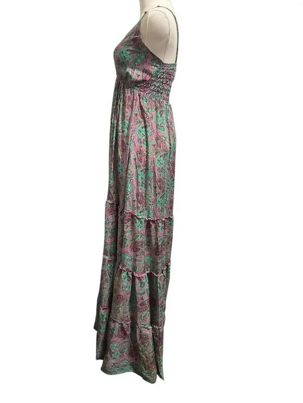 Rhea Paisley Maxi Dress NWT One Size S-L Pink Green Boho Tiered Smocked Strappy